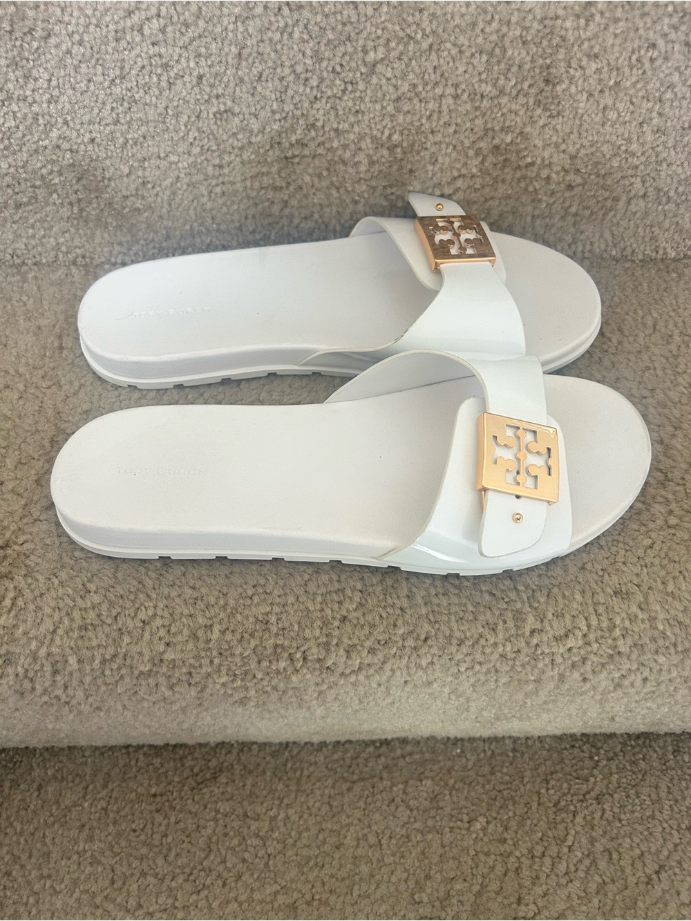 Tory Burch White Slide Sandals with Gold Logo Accent